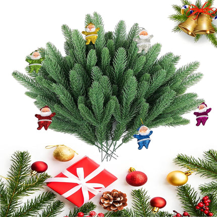 Artificial Pine Branches, Fake Christmas Greenery Pine Sprigs with 6Pcs Cute Santa Claus Decoration for DIY Garland Crafts Christmas Embellishing and Home Garden Decoration (50pcs)