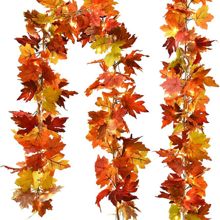 DearHouse 2 Pack Fall Maple Garland, 5.9Ft/Piece Hanging Vine Garland with 2Pcs 7.5 ft 20 Led String Light, Artificial Autumn Maple Leaf Garland Thanksgiving Decor for Home Wedding Fireplace Party