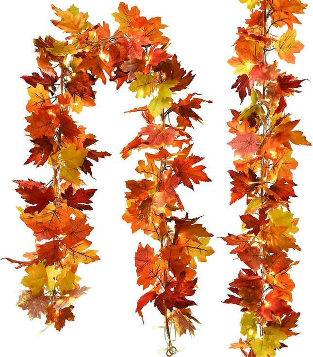 DearHouse 2 Pack Fall Maple Garland, 5.9Ft/Piece Hanging Vine Garland with 2Pcs 7.5 ft 20 Led String Light, Artificial Autumn Maple Leaf Garland Thanksgiving Decor for Home Wedding Fireplace Party