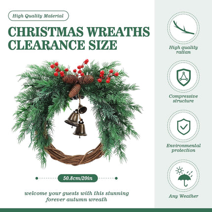 Christmas Wreath with Boho Bells - 20 Inch Farmhouse Christmas Artificial Pine Wreaths for Front Door - Winter Rattan Door Wreath with Pine Cone for Christmas Decor