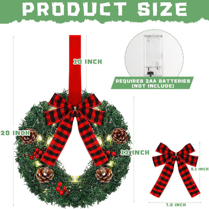 Libima 6 Pcs Mini Christmas Wreath 12 Inch Pre Lit Lighted Christmas Wreath Hanging LED Outdoor Window Wreaths for Christmas with Buffalo Check Bowknot Pine Cone Red Berries Ribbon for Door Holiday
