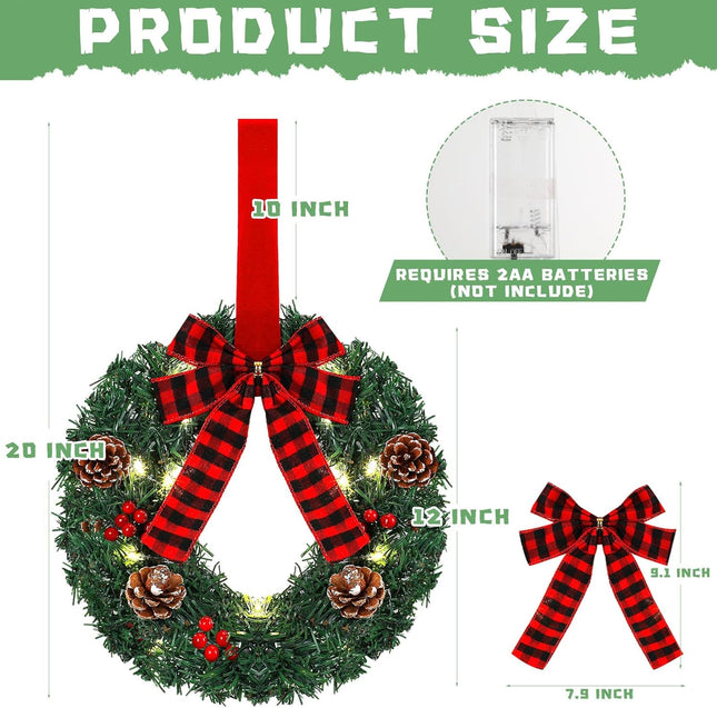 Libima 6 Pcs Mini Christmas Wreath 12 Inch Pre Lit Lighted Christmas Wreath Hanging LED Outdoor Window Wreaths for Christmas with Buffalo Check Bowknot Pine Cone Red Berries Ribbon for Door Holiday