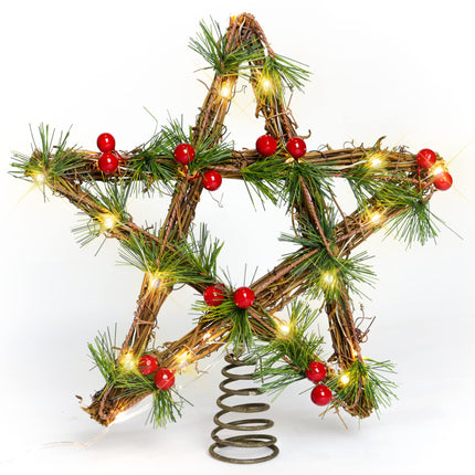 Christmas Tree Topper Lighted, 12" Star Tree Topper with Red Berry and Pine Needle, Battery Operated Christmas Tree Star Topper, Christmas Star Tree Topper with Timing Battery Case