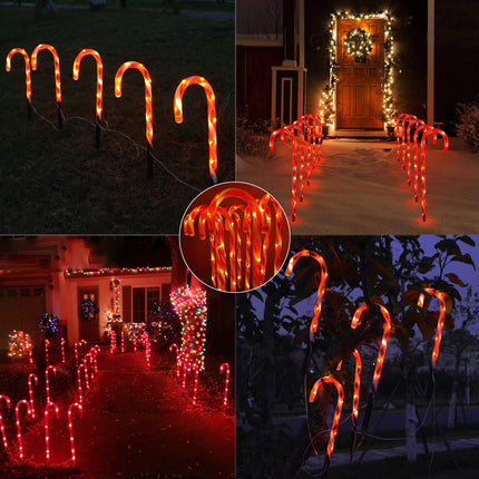 Candy Cane Outdoor Landscape Lights - 10 Pack 60 Red LEDs 21in Lighted Christmas Path Lights String with Memory Function 8 Flashing Modes End-to-End Plug in Waterproof Outside Candy Xmas Decorations