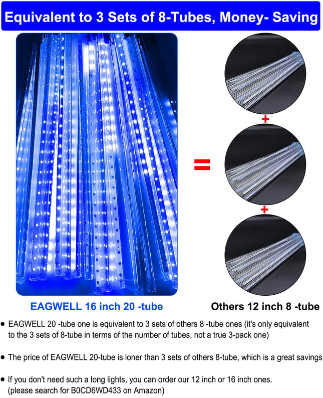 Christmas Lights Outdoor Waterproof, 16 Inch Meteor Shower Rain Lights, 20 Tube 960 LEDs Icicle Tree Lights for Halloween Yard Party Patio Xmas Decoration,Blue