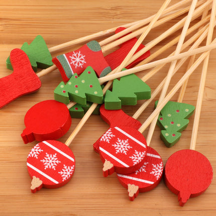 Christmas Decor Bamboo Food Appetizer Fruit Garnish Drink Picks Skewers - 3.9" (10cm) - Christmas Tree, Stocking, Ornament - 100pcs