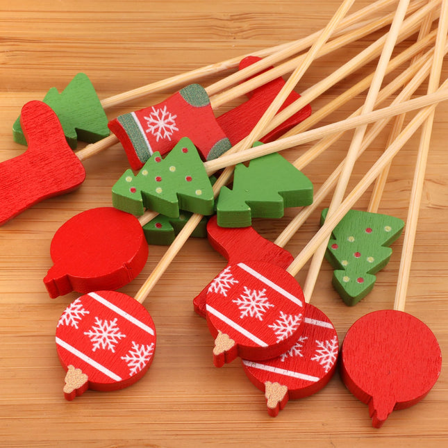 Christmas Decor Bamboo Food Appetizer Fruit Garnish Drink Picks Skewers - 3.9" (10cm) - Christmas Tree, Stocking, Ornament - 100pcs