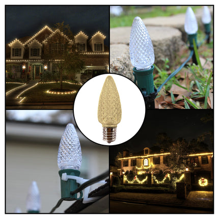 C9 Christmas Lights LED Bulb (Pack of 25) Soft Warm White Replacement Christmas Light Bulbs Faceted Retrofit Candle Shape Commercial Grade E17 Socket Roof Lights Bulbs