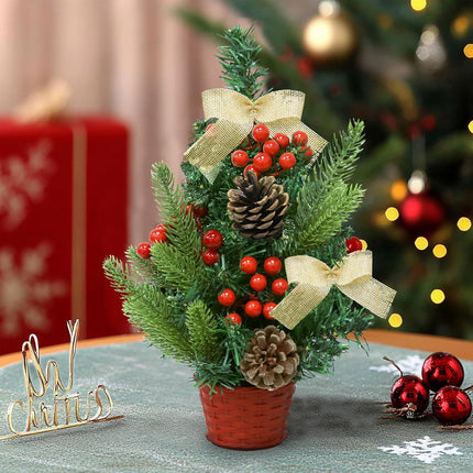 3 Pcs 12 Inch Mini Christmas Trees for Desk Office Tiny Miniature Christmas Tree Table Top Decorated Basket Base Bows Pinecones Berried Tabletop Artificial Small Christmas Decorations Home Decor Xmas