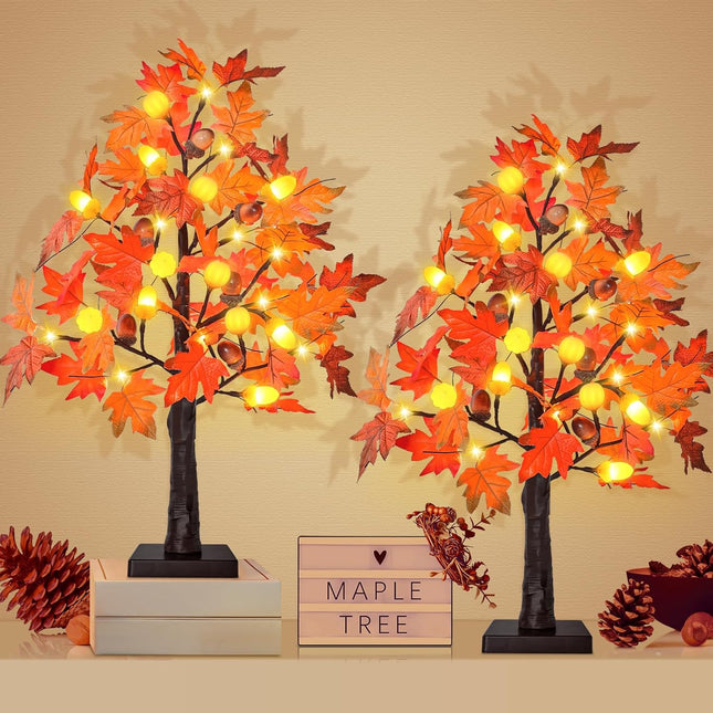 2 Pack 24 Inch Prelit Maple Tree Thanksgiving Decorations with 48 LED Timer Battery Operated Tabletop Prelit Acorn Pumpkin Artificial Fall Light Up Tree for Thanksgiving Fall Decorations for Home