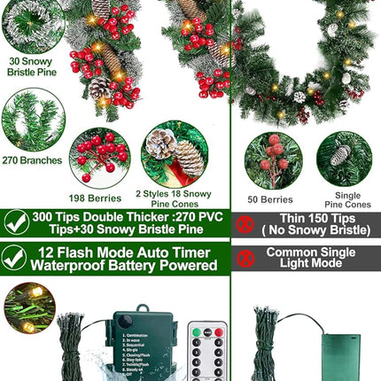 Remote Control&Timer&8 Modes 9Ft by 10 Inch 50 LED Prelit Christmas Garland Decorations Warm Lights Thick 300 Lifelike Snowy Tips 198 Red Berries 18 Pinecones Xmas Garland Fireplace Door Stairs Home