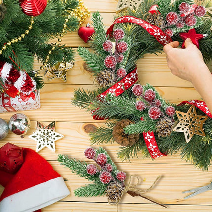 12PCS Christmas Berries Pine Cones Artificial Tree Picks Christmas Decorations with Snow Covered Evergreen Pine Branches for Holiday Family Gathering Craft Wrap Decor