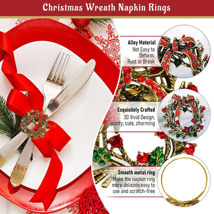 Legigo Set of 6 Christmas Wreath Napkin Rings Set- Metal Xmas Napkin Ring Holders for Cloth Napkins, Christmas Holiday Party Dinner Table Decoration