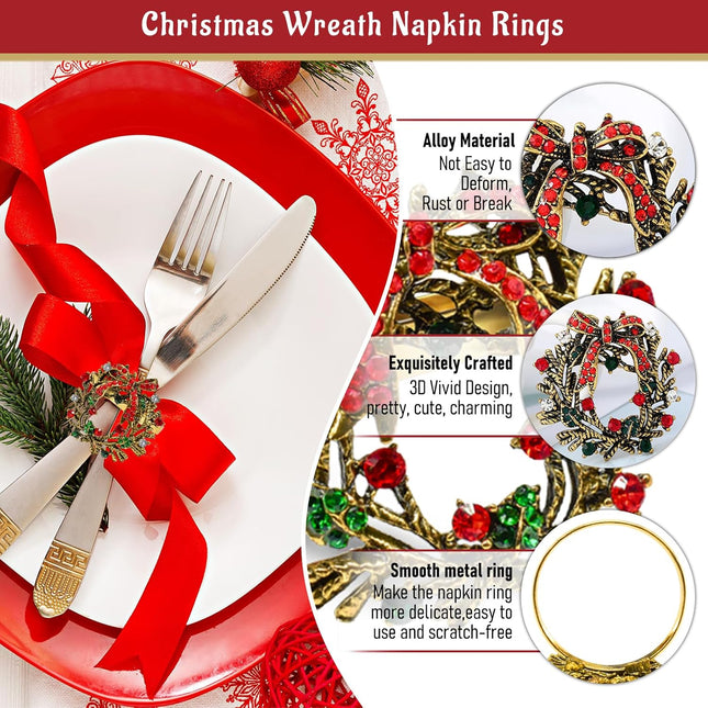 Legigo Set of 6 Christmas Wreath Napkin Rings Set- Metal Xmas Napkin Ring Holders for Cloth Napkins, Christmas Holiday Party Dinner Table Decoration