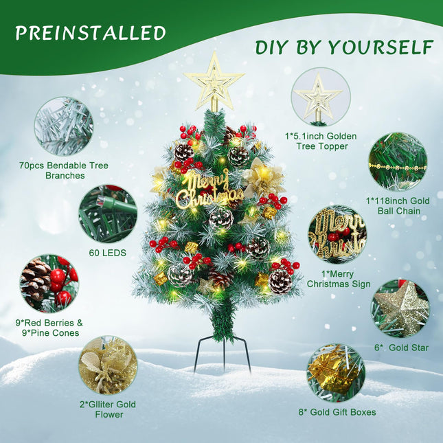 2.6FT Outdoor Pathway Christmas Trees Lighted Battery Powered,Small Artificial Christmas Tree Snow Flocked,Pre-Lit Christmas Pine Trees for Grave,Porch (2PACK)