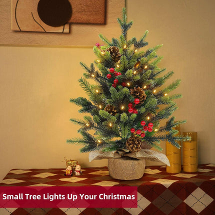 Tabletop Small Christmas Tree, 24 Inch/2FT Realistic-Feel PE Artificial Mini Christmas Tree with 30 Lights Timer Battery Operated 56 Norfolk Pine Tips 8 Pinecone 8 Red Berry Burlap Base Xmas Decor