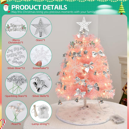 Mini Christmas Tree with Lights, 24inch/2ft Tabletop Artificial Pink Christmas Tree with Tree Skirt Led String Light for Home Office Party Christmas Decoration with Star Pearl Christmas Bells