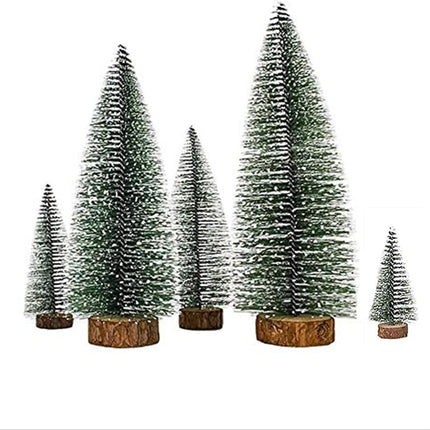 5 PCS Christmas Trees Desktop Miniature Pine Tree Artificial Mini Christmas Sisal Snow Frost Trees with Wooden Bases Plastic Winter Snow Ornaments Tabletop Trees for Christmas Party Home Decor