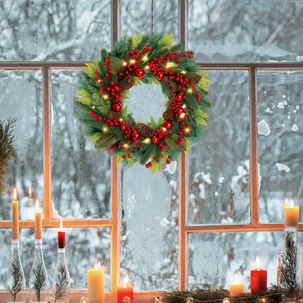MACTING 20inch Christmas Wreaths for Front Door,8 Lighting Mode Artificial Wreath with Lights Battery Operated Indoor Outdoor Winter Christmas Wreaths with Red Berries Pine Cones and Ball Ornaments
