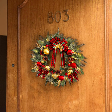 Christmas Wreath with Lights 20 Inch Pre-Lit Christmas Door Wreath for Front Door with Red Plaid Bow and Ball Ornaments, Battery Operated Timer 40 LED Lights, Holiday Decoration for Fireplace Xmas