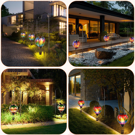 Hot Air Balloon Solar Lantern Hanging Outdoor Solar Lantern with Flickering Flame for Decorative Garden Patio Yard Party Decor for Birthday Halloween Christmas - American Flag