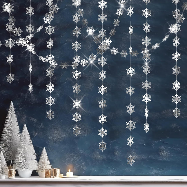 Snowflake Garlands, 52Ft Silver Christmas Snowflake Garland, 2" Winter Wonderland Garland Glitter, White Christmas Garland for Year, Xmas, Frozen, Winter Wonderland Party Decoration