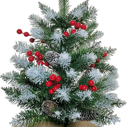 Small Christmas Tree, 22 Inches Artificial Tabletop Christmas Tree with 50 Lights,Snow Flocked Mini Xmas Tree with Pinecones Berries Wood Base for Christmas Decorations Indoor Home Decor