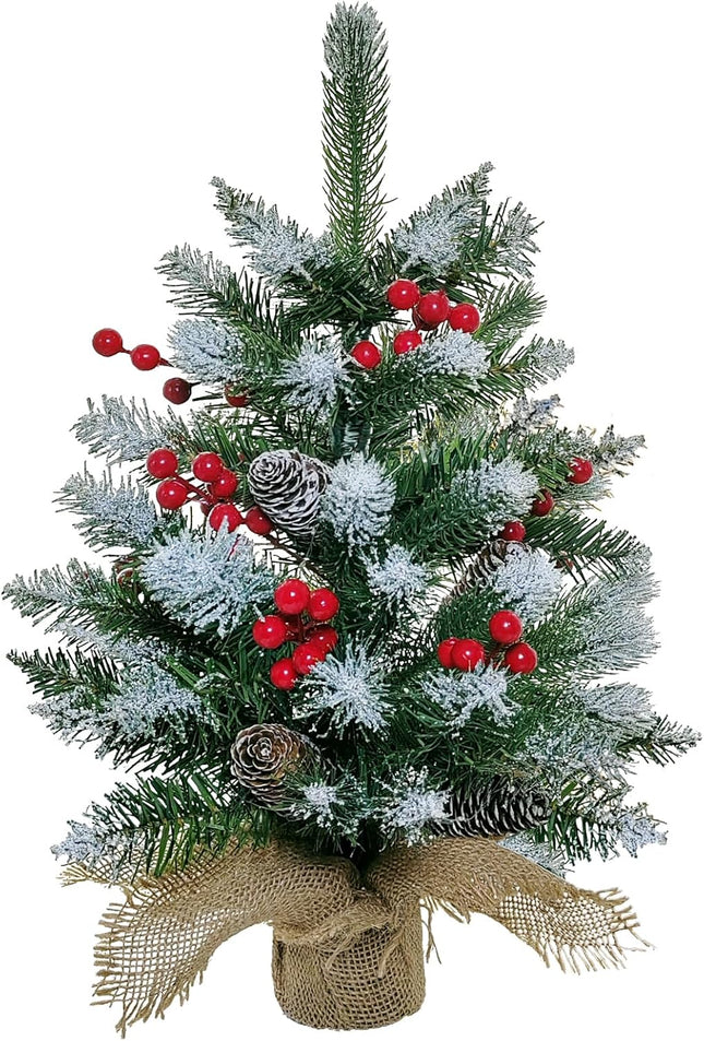 Small Christmas Tree, 22 Inches Artificial Tabletop Christmas Tree with 50 Lights,Snow Flocked Mini Xmas Tree with Pinecones Berries Wood Base for Christmas Decorations Indoor Home Decor