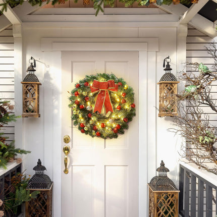 Lulu Home 16 Inch Pre-lit Christmas Wreath with Hook, Battery Operated Christmas Wreath Decorative Christmas Balls Hanging Ornament, Artificial Door Wreath 40 Clear LED Lights
