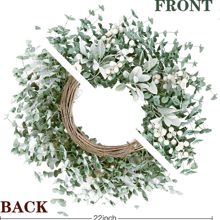 Sggvecsy Artificial Greenery Leaves Wreath for Front Door 22 Inch Greenery Boxwood Wreath Flocked Lambs Ear Wreath with White Berries Spring Summer Wreath for Farmhouse Wall Home Indoor Outdoor Decor