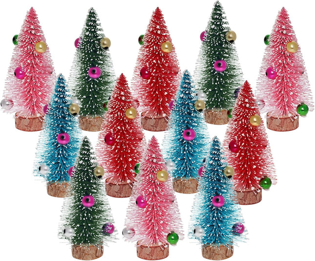Yookat 12Pcs Mini Christmas Trees Bottle Brush Trees Small Sisal Trees Mini Pine Trees with Wood Base Small Bottle Brush Trees for Christmas Winter Decoration (Multicolor)