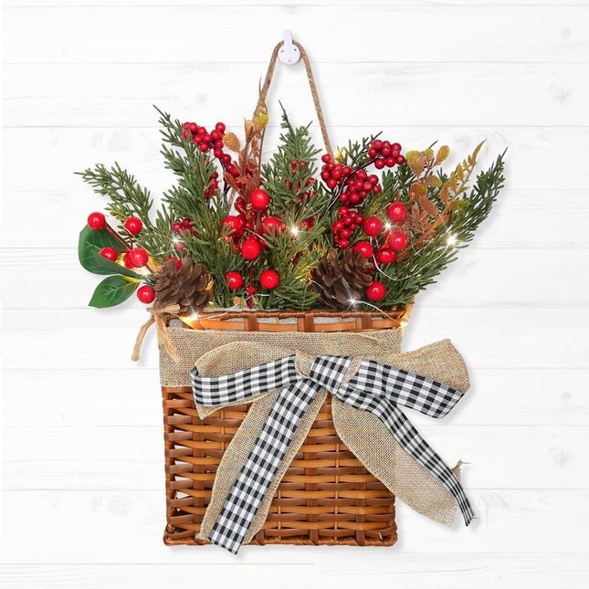 Christmas Wreath for Front Door, Xmas Door Hanger Basket Wreath with Led Lights, Christmas Wreath with Leaves Pine Cones Red Berry for Indoor Outdoor Christmas Decorations