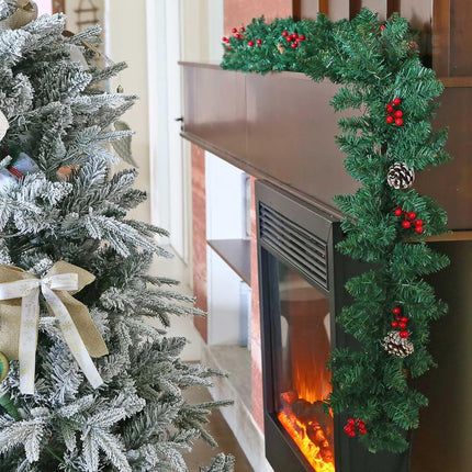Christmas Garland, 9 Ft Artificial Realistic Green Christmas Garlands with 20 Pine Cones 15 Red Berry Vine Plants for Indoor Outdoor Home Fireplace Mantle Staircase Christmas Decorations