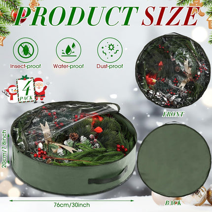 4 Pack Christmas Wreath Storage Container Wreath Storage Box with Clear Window and Handles Oxford Cloth Garland Storage Bags with Dual Zipper for Xmas Wreath wrapping(Green,30 Inch)