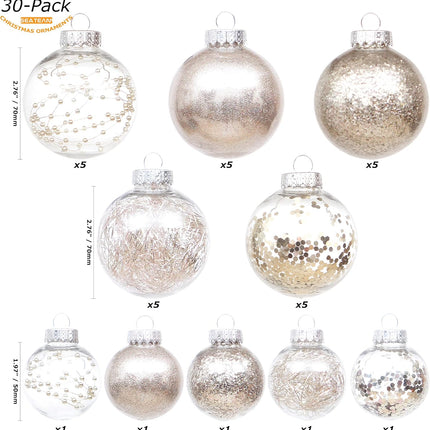 Sea Team 70mm/2.76" Shatterproof Clear Plastic Christmas Ball Ornaments, Transparent, See-Through, Crystal Baubles, Bulbs with Stuffed Delicate Decorations for Xmas Tree (30 Counts, Champagne)