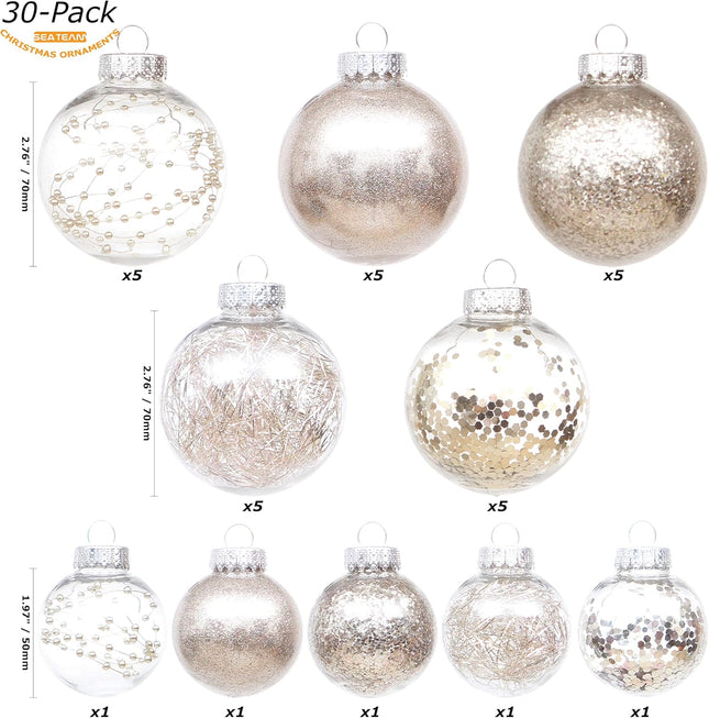 Sea Team 70mm/2.76" Shatterproof Clear Plastic Christmas Ball Ornaments, Transparent, See-Through, Crystal Baubles, Bulbs with Stuffed Delicate Decorations for Xmas Tree (30 Counts, Champagne)