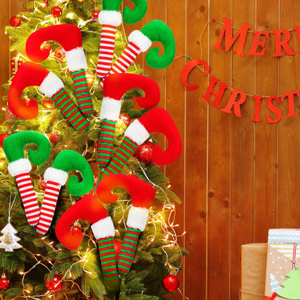 4 Pcs Christmas Picks Christmas Elf Legs Boot Pick Striped Elf Ornaments for Christmas Tree Stuffed Elf Leg Tree Topper Elf Feet Elf Legs for Decor Xmas Holiday Indoor Outdoor Party, Red, Green, White