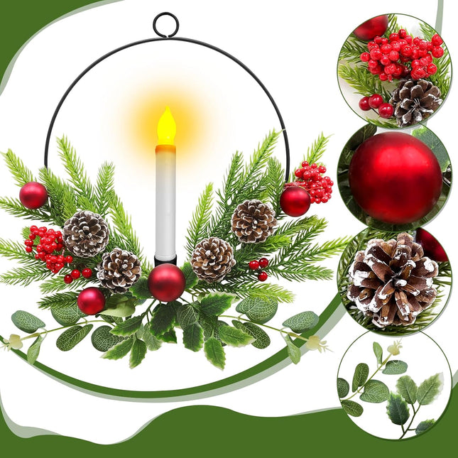 TURNMEON 2 Pack 15'' Christmas Wreaths for Front Door with LED Candles Timer Remote & Xmas Ball Pinecones Red Berries Decor, Battery Operated Lighted Xmas Wreath Decorations for Window Porch Holiday
