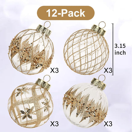 12 PCS Champagne Christmas Ornaments, 80mm/3.15 Inches Clear Christmas Decorations Large Shatterproof Luxury Hand-Painted Xmas Ball Ornaments for Christmas Tree Rustic Farmhouse Wedding Home Decor