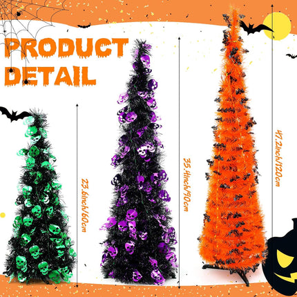 Blosssound 3 Pcs 4/3/2ft Christmas Tree Tinsel Pop up Collapsible Christmas Tree Artificial Pencil Tree for Christmas Party Holiday Indoor Home Decorations, Green Purple Orange