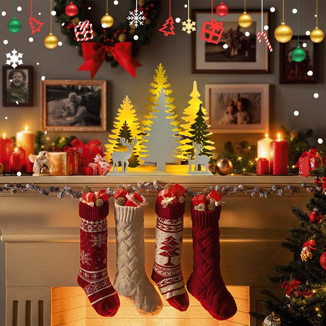 Wooden Christmas Tree Tabletop Decorations, LED Light up Wooden Christmas Ornaments 10inch 2AA Battery Powered for Xmas Home Holiday Party Décor