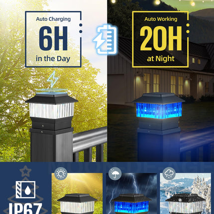 RGB&Warm Solar Post Cap Lights 50 Lumen, Outdoor 4x4 3.5x3.5 4.5x4.5 or 5.5x5.5 Led Fence Deck Patio Garden Post Lights for Christmas Halloween Parties(Black, 6 Pack)