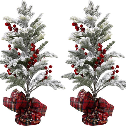 U’Artlines 2 Pack Mini Christmas Trees,22 Inch Artificial Snowy Xmas Tree with Red Berry Christmas Snow Trees with Solid Base for Christmas Holiday Decor Party Home Table Craft Tabletop Decorations