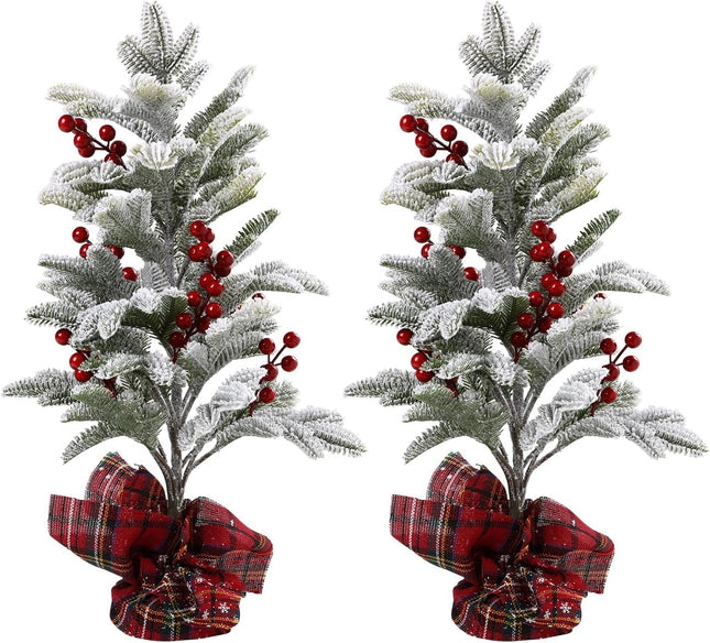 U’Artlines 2 Pack Mini Christmas Trees,22 Inch Artificial Snowy Xmas Tree with Red Berry Christmas Snow Trees with Solid Base for Christmas Holiday Decor Party Home Table Craft Tabletop Decorations