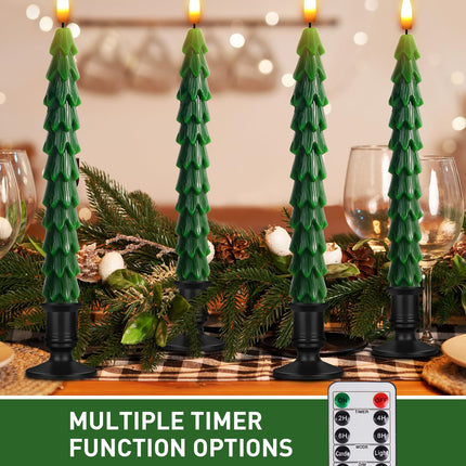 Christmas Tree Candles with Remote, 9.8 Inch Waxy Flameless Taper Candle, 4Pcs LED Battery Operated Window Candlesticks with Holder, 3D Flame Flickering Light with Timer for Christmas Decorations