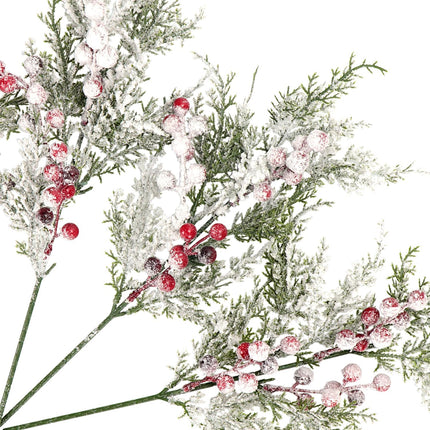 Pack of 4 Artificial Frosted Pine Branches with Red Berries 17" Snowy Christmas Tree Picks Winter Greenery Sprays White Fake Cedar Holly Berry Stems for Vase Fillers Craft Wreath Holiday Décor (Red)