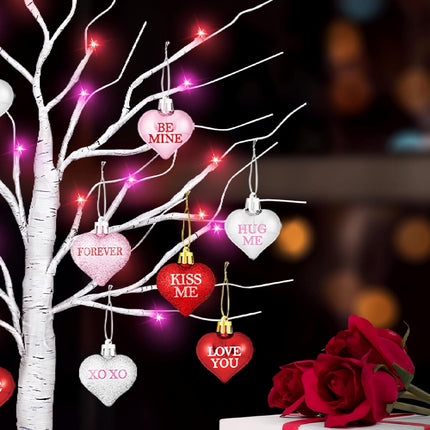 Valentines Day Decorations 24 Inch Lighted Valentines Decor Tree with 12 Heart Ornament, Timer/USB/Battery Operated Valentine's Decoration Tree, Valentines Day Decor for Home Table Bedroom Party