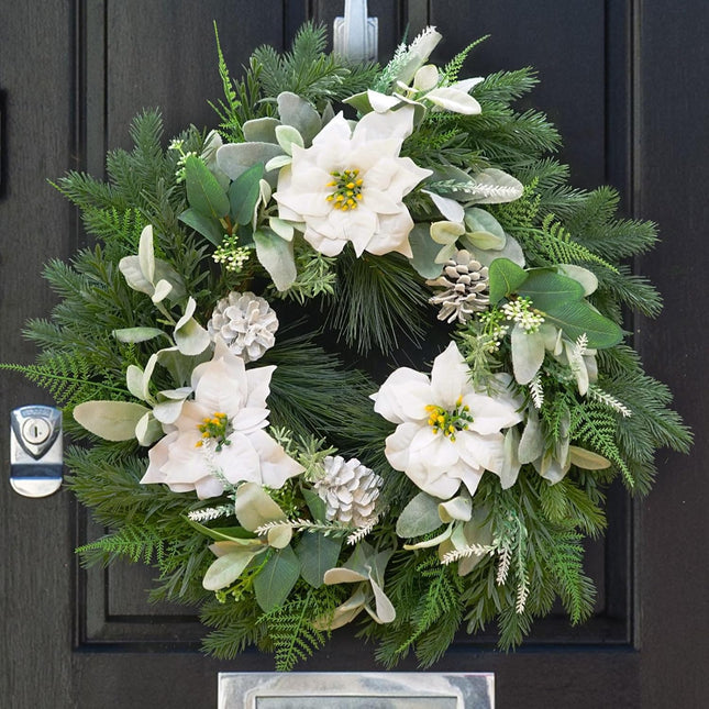 Christmas Wreaths for Front Door, Soomeir White Winter Door Wreath with Pine Cones and Flowers, for Indoors Outdoor Window Wall Farmhouse Home Decorations Decor Ornaments