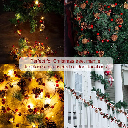 2 Pack Artificial Christmas Garland with Lights - Battery Operated 6.56FT Prelit Garland with 20 LED lights, Red Berries, Pine Cones, Pine Needles Decor for Xmas Tree Thanksgiving Home Fireplace Party