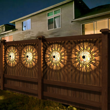 2 Pack Solar Fence Lights Solar Outdoor Wall Lights Metal Solar Powered Deck Lights Sun Moon Theme Waterproof Fence Solar Light